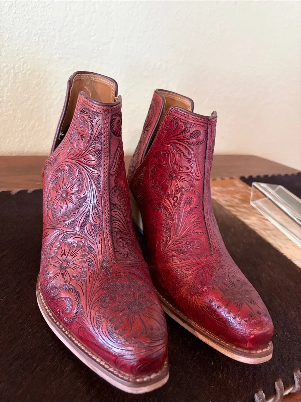 Myra Bag Red Tooled Floral Leather Ankle Booties - Picture 3 of 12